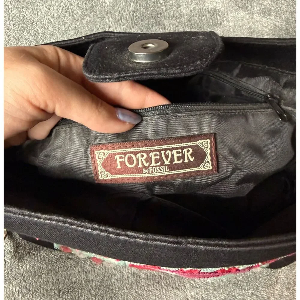 Forever by Fossil Black Satin Beauty Parlor Applique Shoulder Bag Vintage Purse